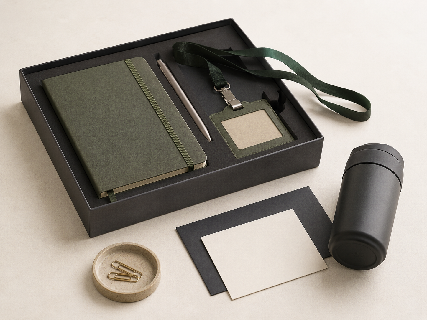 Premium welcome kit with notebook, tumbler, pen, and branded box